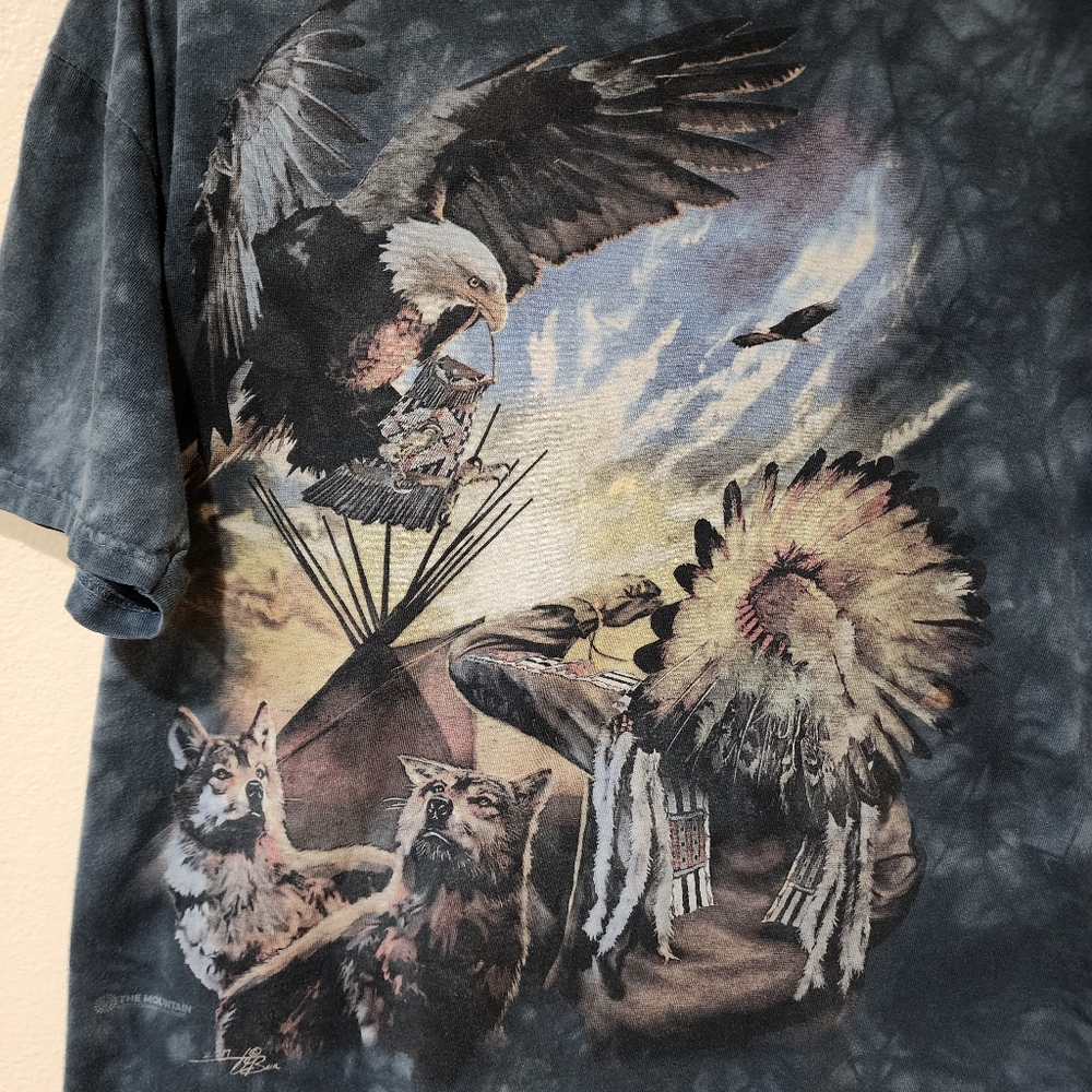 The Mountain Tee Shirt Warrior Eagle Wolf Short Sleeve Tie Dye size Large